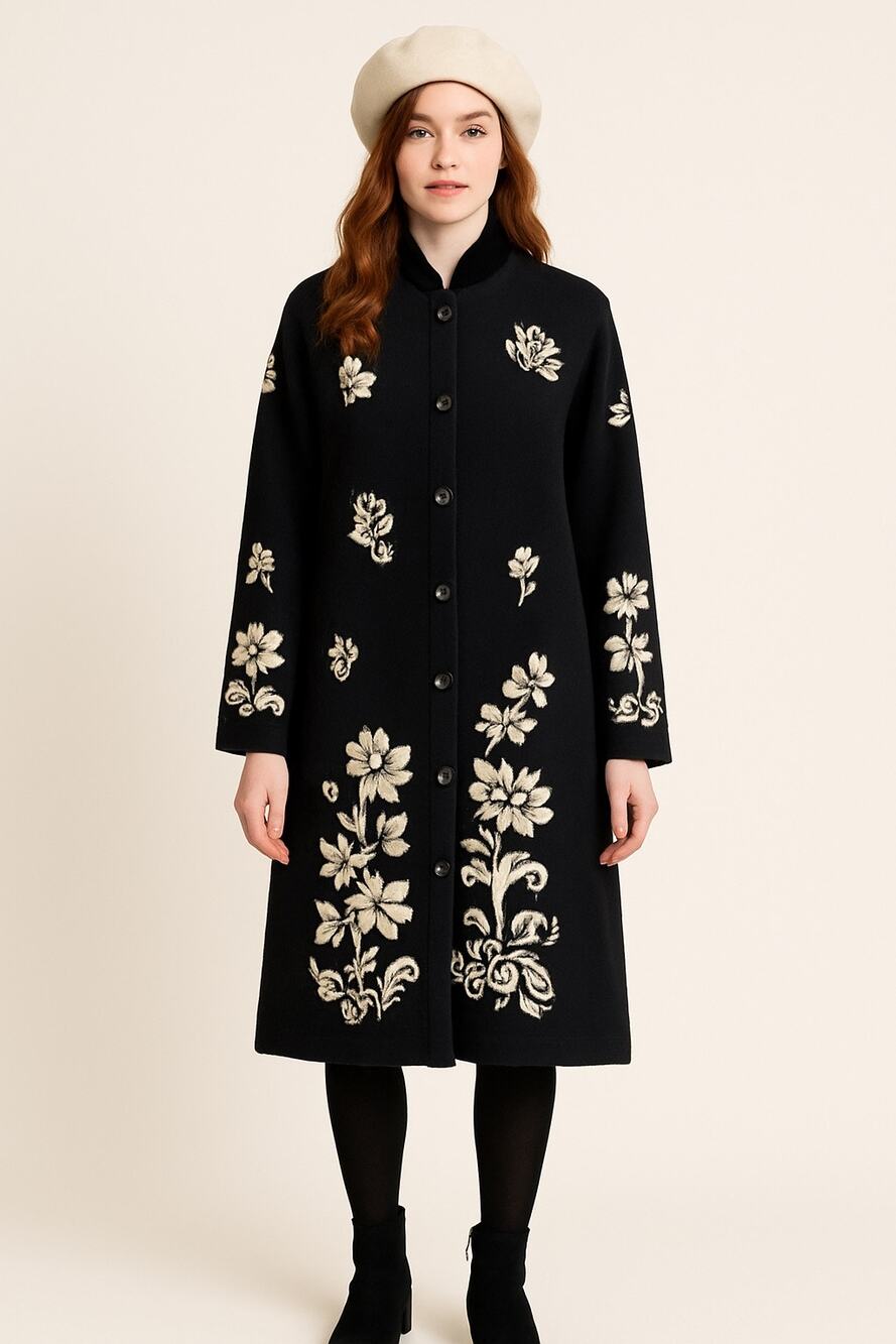 Vintage Josephine Chaus Embroidered Knit Coat Black White Floral Velvet Trim L